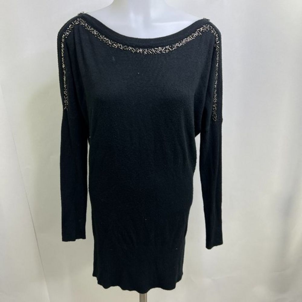 BCBGMaxazria S black open shoulder embellished knit long sleeve Tunic Top Beaded